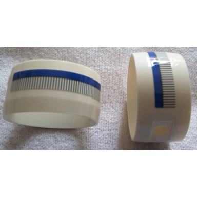 white cylinder 4 x 4 x 1 2 3 with pin holes and center bar with blue stripes and black grilles pattern stickers - set 75155