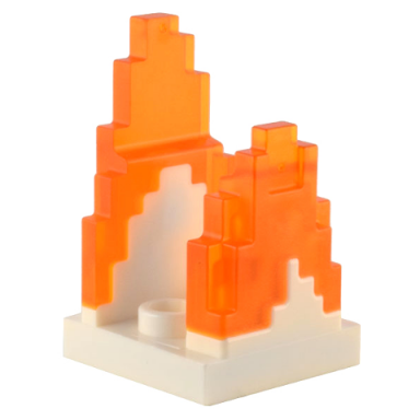 white wave pixelated flame on plate 2 x 2 with 2 studs in center with molded trans-orange fire pattern