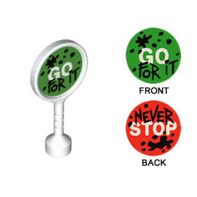 white duplo utensil round sign with handle with go for it and never stop pattern