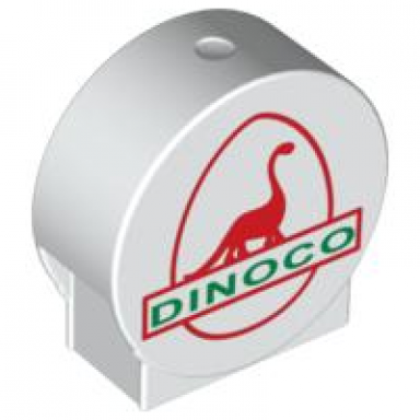 white duplo brick 1 x 2 x 2 round top with red dinosaur and green dinoco pattern