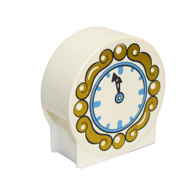 white duplo brick 1 x 2 x 2 round top with clock and gold frame pattern