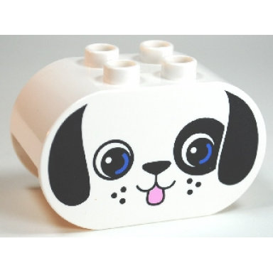 white duplo brick 2 x 4 x 2 rounded ends with dog face with black ears and blue eyes pattern