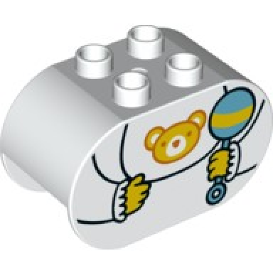 white duplo brick 2 x 4 x 2 rounded ends with teddy bear bib and medium blue rattle pattern