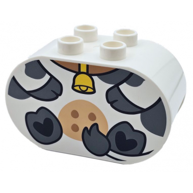 white duplo brick 2 x 4 x 2 rounded ends with dark bluish gray hooves and spots medium tan udder with medium nougat dots yellow bell cow body pattern