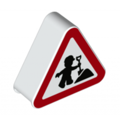 white duplo brick 1 x 3 x 2 triangle road sign with construction worker duplo figure pattern