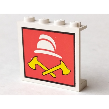 white panel 1 x 4 x 3 - solid studs with white fireman cap and 2 yellow axes pattern