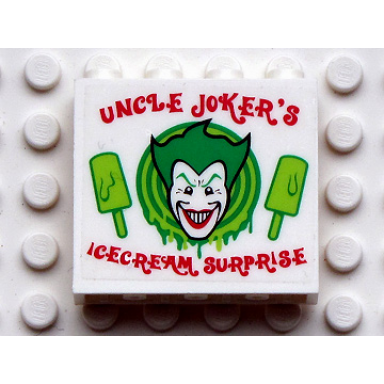 white panel 1 x 4 x 3 - hollow studs with uncle jokers icecream surprise pattern sticker - set 7888