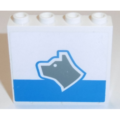white panel 1 x 4 x 3 - hollow studs with dark gray dog head facing left and blue stripe pattern sticker - set 7744