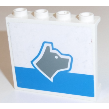 white panel 1 x 4 x 3 - hollow studs with dark gray dog head facing right and blue stripe pattern sticker - set 7744