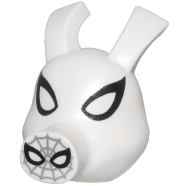 white minifigure head modified pig long snout and ears with light bluish gray spider-man web on snout black eyes and nostrils pattern