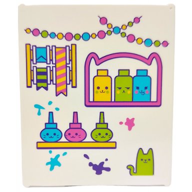 white glass for window 1 x 6 x 6 flat front with dark pink lime medium azure and yellow garlands cat ribbons paint splotches and shelves with bottles pattern
