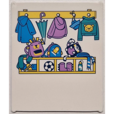 white glass for window 1 x 6 x 6 flat front with dark azure dark turquoise medium lavender and yellow coats jackets umbrella school bags shoes and soccer ball pattern