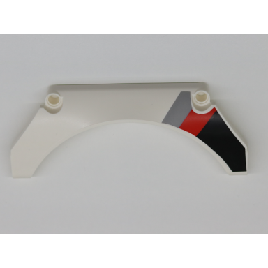 white technic panel car mudguard arched 13 x 2 x 5 straight top with black red and gray diagonal stripes pattern model back left side