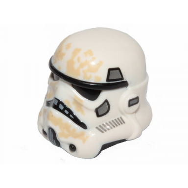 white minifigure headgear helmet sw stormtrooper with molded black forehead eyes nose chin and panels on back and printed dark bluish gray marks and tan dirt stains pattern sandtrooper