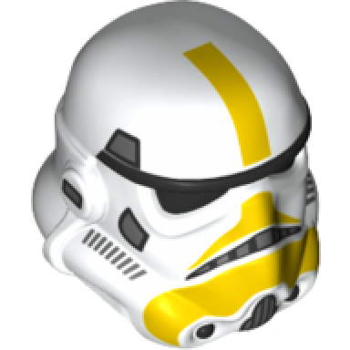 white minifigure headgear helmet sw stormtrooper with molded black forehead eyes nose chin and panels on back and printed dark bluish gray marks and yellow stripe pattern