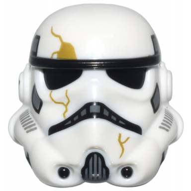 white minifigure headgear helmet sw stormtrooper with molded black forehead eyes nose chin and panels on back and printed dark bluish gray marks and gold cracks pattern night trooper