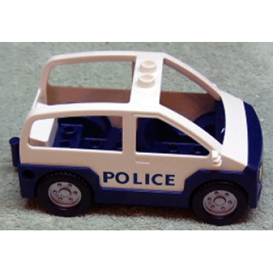 white duplo car with 2 studs on roof dark blue base and police pattern