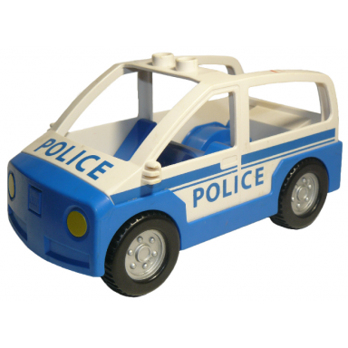 white duplo car with 2 studs on roof blue base and blue police pattern