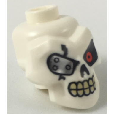 white minifigure head modified skull with red left eye and silver eye patch pattern