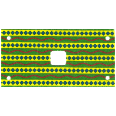 white cloth rectangle 6 x 12 with 2 x 2 cutout holes at corners green and yellow stripes with red wavy lines and blue diamonds elephant saddle pattern