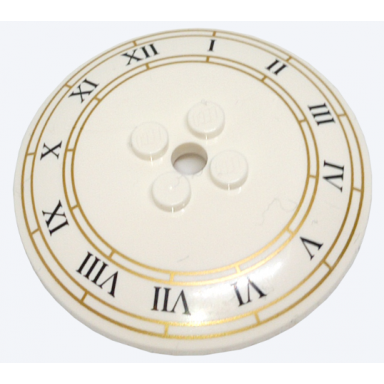 white dish 6 x 6 inverted radar - solid studs with clock face with black roman numerals and gold border pattern