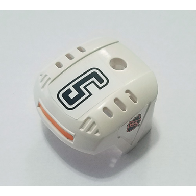 white sports hockey helmet with nhl logo both sides black number 5 and orange stripe pattern stickers - set 3544