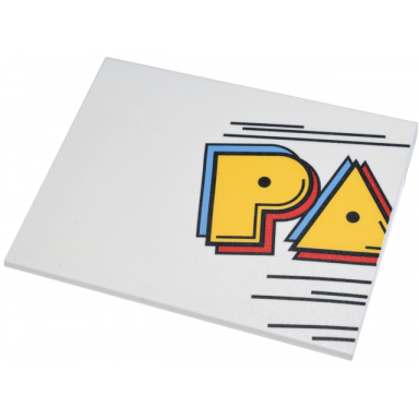 white slope 10 6 x 8 with pac-man sign left piece yellow medium blue and red pa and black lines pattern