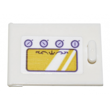 white container cupboard 2 x 3 x 2 door with gold oven window with white reflections and 4 dark purple and lavender circles pattern sticker - set 43205
