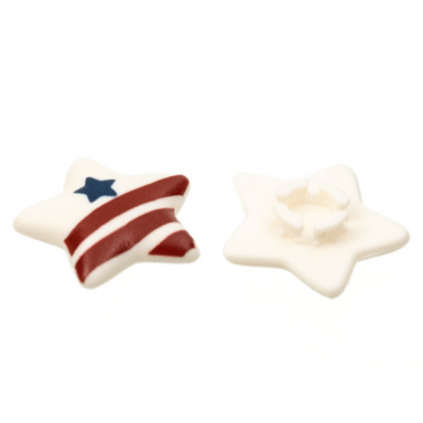white clikits icon star 2 x 2 small with pin frosted with dark blue star and 3 dark red stripes pattern