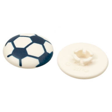 white clikits icon round 2 x 2 large with pin with dark blue soccer ball pattern