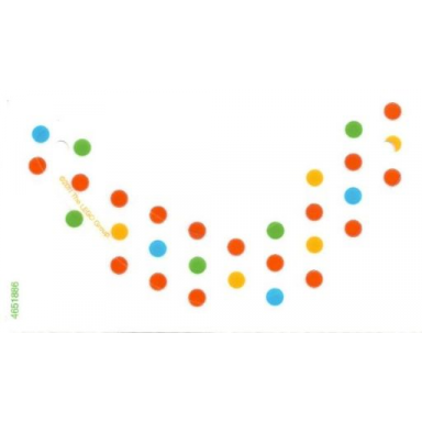 white plastic eye bandage with blue green orange and red dots pattern