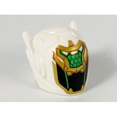 white minifigure headgear helmet with ear antennas with gold and bright green dragon face over black visor pattern