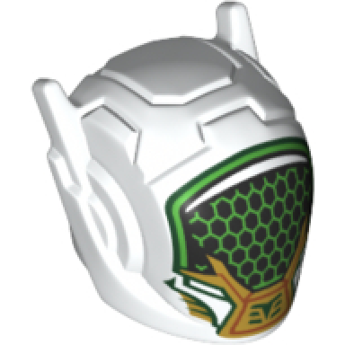 white minifigure headgear helmet with ear antennas with black and bright green visor with gold lower jaw pattern