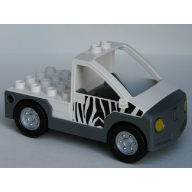 white duplo truck pickup flatbed with dark bluish gray base with zebra stripes pattern