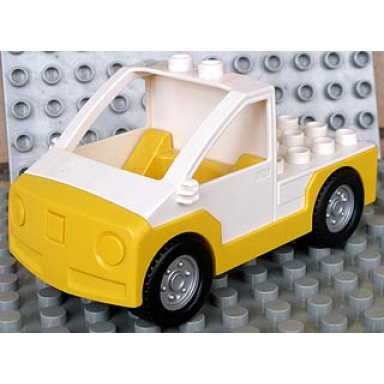white duplo truck pickup flatbed with yellow base with lego logo on front pattern
