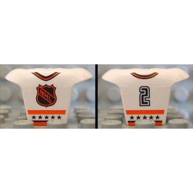 white minifigure hockey body armor with orange and black nhl logo stars stripes collar and number 2 pattern