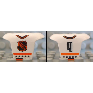 white minifigure hockey body armor with orange and black nhl logo stars stripes collar and number 4 pattern