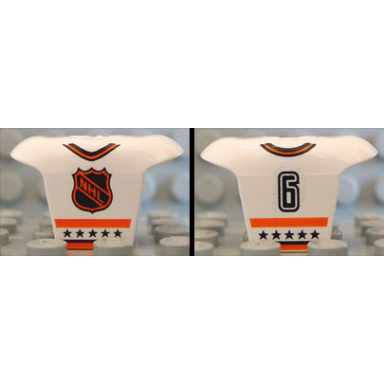 white minifigure hockey body armor with orange and black nhl logo stars stripes collar and number 6 pattern