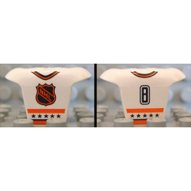 white minifigure hockey body armor with orange and black nhl logo stars stripes collar and number 8 pattern