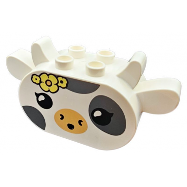 white duplo brick 2 x 6 x 2 1 2 rounded ends with ears and horns attached with dark bluish gray spots black eyes medium tan muzzle bright light yellow flowers cow head pattern
