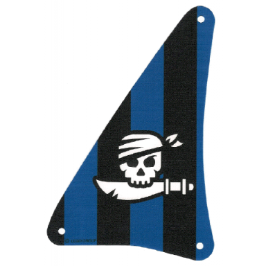 white cloth sail triangular 15 x 22 with skull with bandana and cutlass on black and blue stripes background pattern