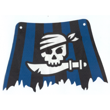 white cloth sail 27 x 18 tattered with skull with bandana and cutlass on black and blue stripes background pattern