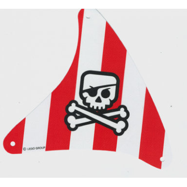 white cloth sail triangular with skull and crossbones with eye patch on red stripes background pattern