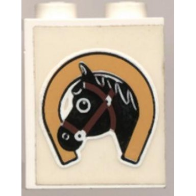 white panel 1 x 2 x 2 - solid studs with horseshoe and black horse head pattern sticker - set 6359