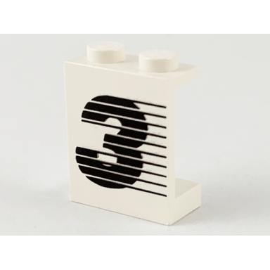 white panel 1 x 2 x 2 - solid studs with black number 3 and lines pattern