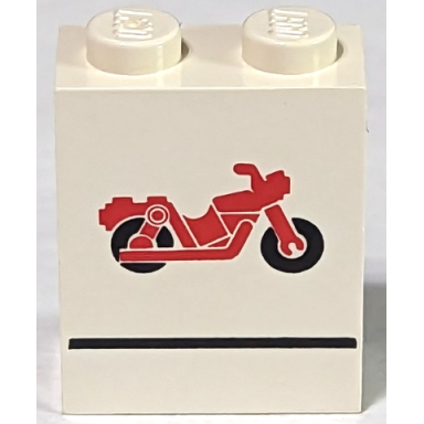 white panel 1 x 2 x 2 - solid studs with red motorcycle and black line pattern