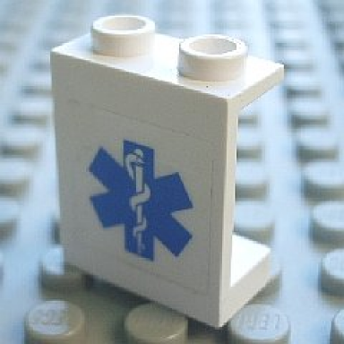 white panel 1 x 2 x 2 - hollow studs with blue emt star of life pattern sticker - set 7890