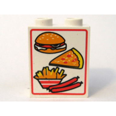 white panel 1 x 2 x 2 - hollow studs with hamburger pizza fries and sausages pattern