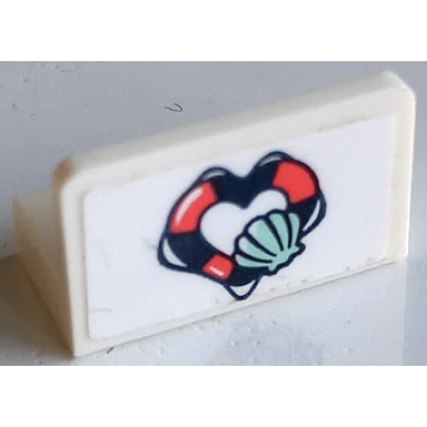 white panel 1 x 2 x 1 with coral and dark blue heart-shaped life preserver and light aqua shell pattern sticker - set 41378