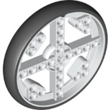 white wheel 88 x 14 technic with axle hole and 28 pin holes with molded black hard rubber tire pattern